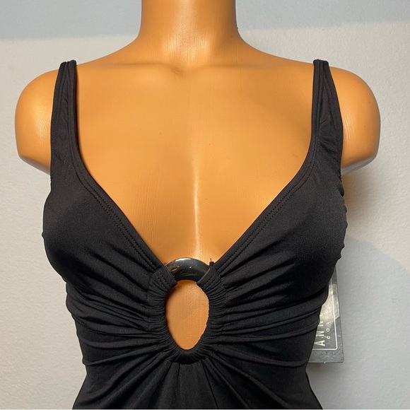 Nwt Anne Cole O-Ring Deep Plunge Black Tank Swimsuit (SW05) - Picture 2 of 11